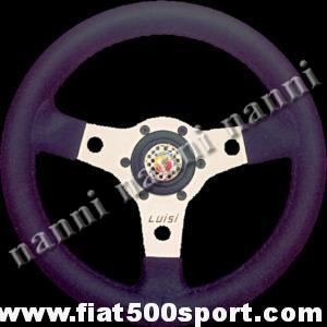 Volante Fiat 500 Abarth in pelle con razze satinate completo di mozzo e pulsante clacson Abarth. Art. 0010