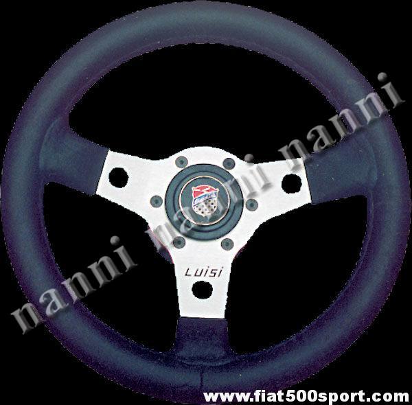Volante Fiat 500 originale Giannini in pelle con razze satinate completo di mozzo e pulsante clacson Giannini. Art.0011