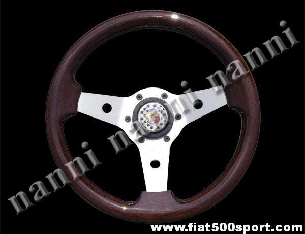 Volante Fiat 500 Abarth in mogano con razze satinate completo di mozzo e pulsante clacson Abarth. Art.0014