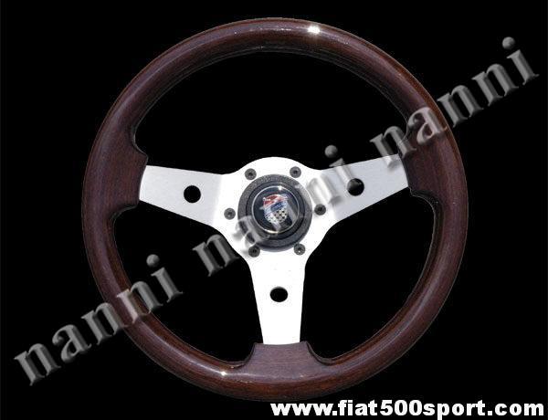 Volante Fiat 500 Giannini in mogano con razze satinate completo di mozzo e pulsante clacson Giannini. Art.0015
