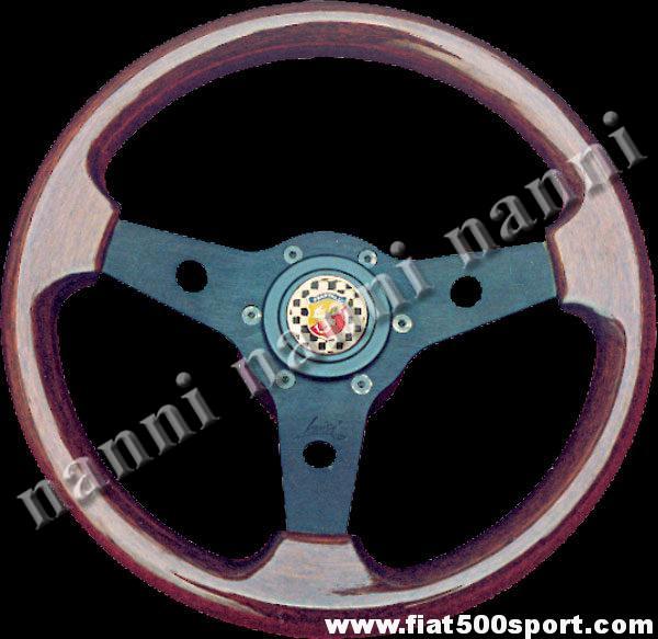 Volante Fiat 500 Abarth in mogano con razze nere completo di mozzo e pulsante clacson Abarth. Art.0016