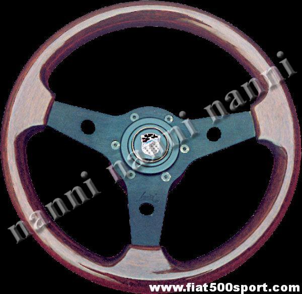 Volante Fiat 500 originale Giannini in mogano con razze nere completo di mozzo e pulsante clacson Giannini. Art.0017