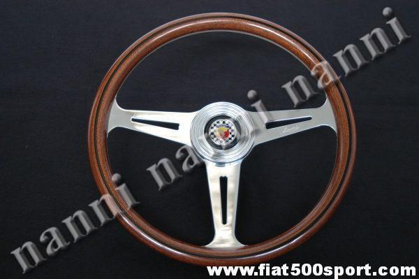 Volante Fiat 500 originale Abarth 695 SS in mogano con mozzo e pulsante clacson Abarth. Art.0018