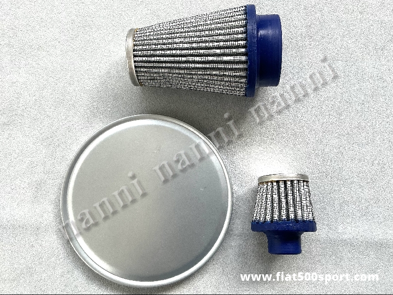Art. 0126B - Fiat 500 Fiat 126 sports air filters. - Fiat 500 Fiat 126 sports air filters. The large air filter goes to the curved tube of the carburettor. The small filter goes to the valve cover breather tube. The steel disc closes the original air filter.
&nbsp;
