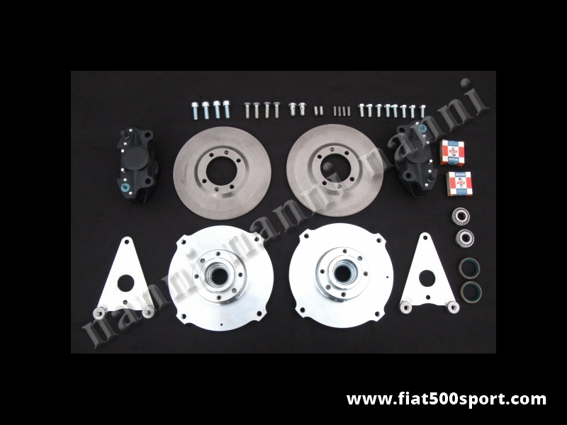 Art. 0182 - Freni Fiat 500 Fiat 126 prima serie a disco anteriori con pinze Brembo per ruote da 10-12 pollici. - Freni Fiat 500 Fiat 126 prima serie a disco anteriori con pinze Brembo a doppio pistoncino per ruote da 10-12 pollici (interasse dei bulloni ruota 190 mm.) Questo kit non allarga la carreggiata anteriore. Kit completo.
