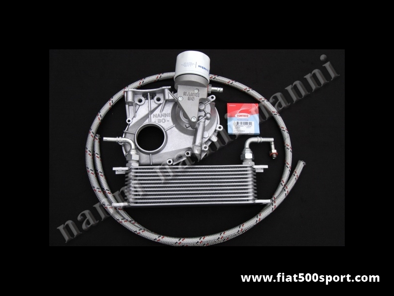 Art. 0214 - Fiat 500 Fiat 126  oil filter and cooler (complete kit) NANNI with OVERSIZED oil PUMP. - Fiat 500 Fiat 126 oil filter and cooler (complete kit) NANNI  with OVERSIZED oil PUMP. For the oil cooler sizes see art. 0217. Contains pipe, connections, oil seal and gasket.
