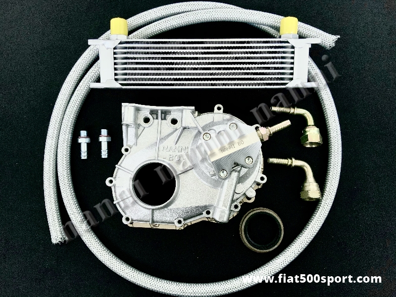 Art. 0215 - Fiat 500 Fiat 126 apply complete kit for oil cooler NANNI with OVERSIZED oil PUMP. - Fiat 500 Fiat 126 apply complete kit NANNI for oil cooler with OVERSIZED oil PUMP. Contains pipe, connections, oil seal and gasket. For the oil cooler sizes see our art.0217.
