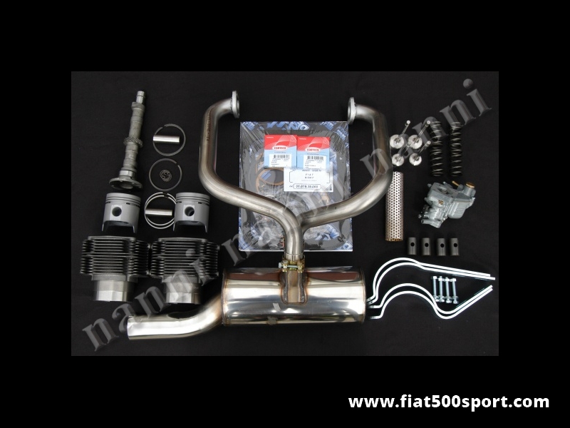 Art. 0250 - Fiat 500 F L kit NANNI  per elaborazione motore ad uso stradale (595 CC 40 HP). - Fiat 500 F L kit completo NANNI per elaborazione motore ad uso stradale(595 CC 40 HP). Il kit comprende: canne alte 90 mm. e pistoni,valvole,molle valvole,albero a cammes,bicchierini punterie,caburatore nuovo Weber modificato,tubo carburatore,marmitta speciale ad alto rendimento totalmente in acciaio inossidabile, staffe supporto marmitta, serie guarnizioni motore con i 2 parolio Corteco dell’albero motore e anelli sottocanna in rame. Con i cilindri di nostra produzione non occorre la guarnizione di testa. I pistoni sono originali Fiat.
