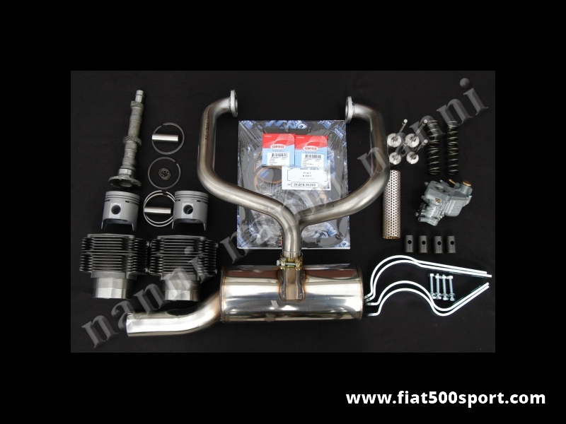 Art. 0250 - Fiat 500 F L  piston-liner kit NANNI complete for up-grading engine (595 CC 40 HP). - Fiat 500 F L NANNI complete piston-liner kit for up-grading engine (595 CC 40 HP). Contains: cylinders height 90 mm, pistons, valves, valve springs, camshaft, tappet’s bowls, carburettor, pipes, stainless  muffler, brackets and all gaskets.
