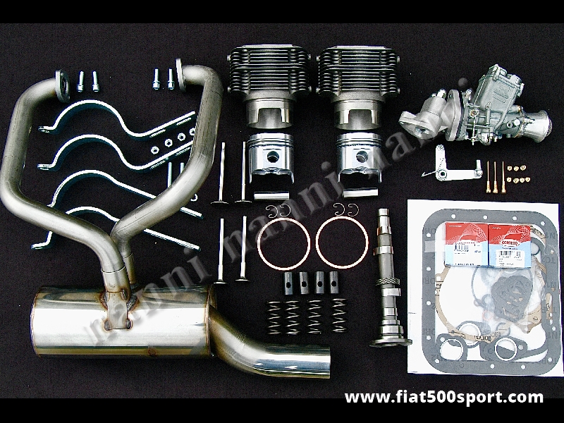 Art. 0251 - Fiat 500 F L kit NANNI per elaborazione motore ad uso stradale (650 cc. 45 HP) - Fiat 500 F L kit completo NANNI per elaborazione motore ad uso stradale (650 cc. 45 HP). Il kit comprende: canne alte 90 mm.e pistoni,valvole,molle valvole,albero a cammes,bicchierini punterie,carburatore FZD 32/28 completo di tutto,marmitta ad alto rendimento tutta in acciaio inossidabile, staffe supporto marmitta, serie guarnizioni motore con 2 paraolio e anelli sottocanna in rame. Con i cilindri di nostra produzione non occorre la guarnizione di testa. I pistoni sono fatti in Germania.
