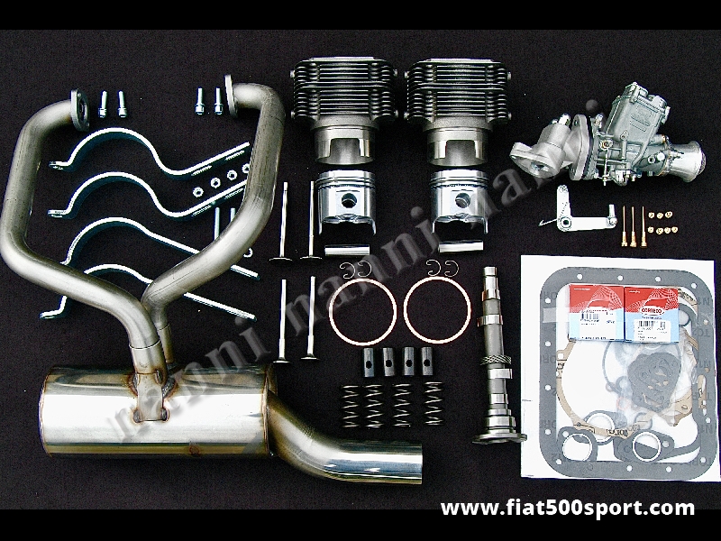Art. 0251 - Fiat 500 F L piston-liner kit NANNI complete for up grading  engine (650 CC 45 HP). - Fiat 500 F L piston-liner kit NANNI for up grading engine (650 CC 45 HP). Complete kit. Contains: cylinders height 90 mm, pistons, valves, valves springs, camshaft, tappet ’s bowls, carburettor FZD 32/28, stainless  muffler, muffler brackets and all gaskets.
