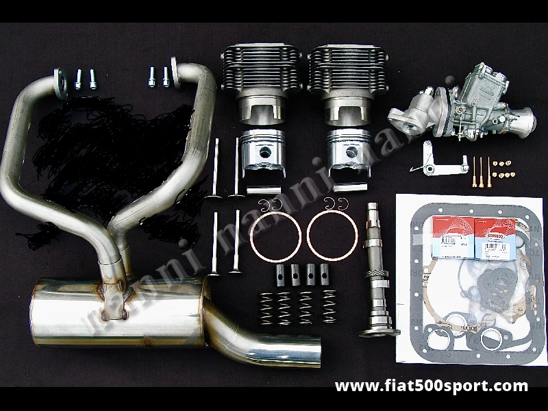 Art. 0251R - Fiat 500 R kit NANNI per elaborazione motore ad uso stradale (650 cc. 45 HP). - Fiat 500 R kit completo NANNI per elaborare il motore ad uso stradale e portarlo a 650 cc. con 45 HP. Il kit comprende: canne e pistoni, valvole, molle valvole, albero a cammes, bicchierini punterie, carburatore FZD 32/28 completo di tutto, marmitta ad alto rendimento tutta in acciaio inossidabile, serie guarnizioni motore con 2 paraolio e anelli sottocanna in rame. Con i cilindri di nostra produzione non occorre la guarnizione di testa. I pistoni sono fatti in Germania.
