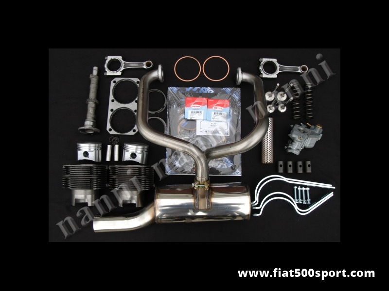 Art. 0252 - Fiat 500 F L kit NANNI per elaborazione motore ad uso stradale(700 CC 40 HP) - Fiat 500 F L kit completo NANNI per elaborazione motore ad uso stradale (700 CC 40 HP). Il kit comprende: canne e pistoni,valvole,molle valvole,albero a cammes,bicchierini punterie,bielle in acciaio,carburatore con tubo forato,piastra rinforzo monoblocco,marmitta ad alto rendimento tutta in acciaio inossidabile,serie staffe supporto marmitta, guarnizioni motore con 2 paraolio, anelli sottocanna in rame. I cilindri sono di nostra produzione e i pistoni sono Federal Mogul originali.
Art. 0252 - Fiat 500 F L kit NANNI per elaborazione motore ad uso stradale(700 CC 40 HP) - Fiat 500 F L kit completo NANNI per elaborazione motore ad uso stradale (700 CC 40 HP). Il kit comprende: canne e pistoni,valvole,molle valvole,albero a cammes,bicchierini punterie,bielle in acciaio,carburatore con tubo forato,piastra rinforzo monoblocco,marmitta ad alto rendimento tutta in acciaio inossidabile,serie staffe supporto marmitta, guarnizioni motore con 2 paraolio, anelli sottocanna in rame. I cilindri sono di nostra produzione e i pistoni sono Federal Mogul originali.
