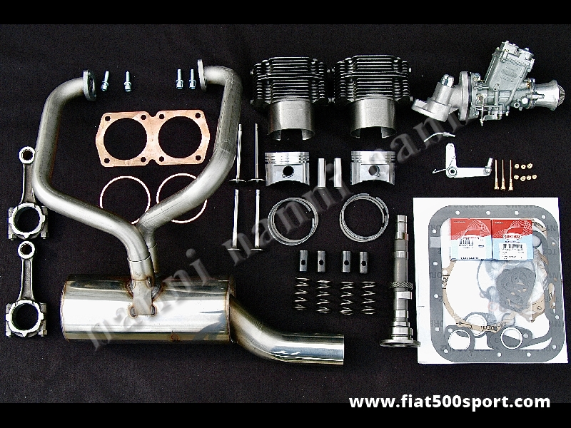 Art. 0253 - Fiat 500 R Fiat 126 kit NANNI per elaborazione motore ad uso stradale (700 cc. 45 HP) - Fiat 500 R Fiat 126 kit completo NANNI per elaborazione motore ad uso stradale (700 CC 45 HP). Il kit comprende: canne e pistoni,valvole,molle valvole,albero a cammes,bicchierini punterie, bielle in acciaio, carburatore FZD 32/28 completo,marmitta ad alto rendimento tutta in acciaio inossidabile, serie guarnizioni motore con 2 paraolio, guarnizione testa, anelli sottocanna in rame. I cilindri sono di nostra produzione e i pistoni sono Federal Mogul originali.
