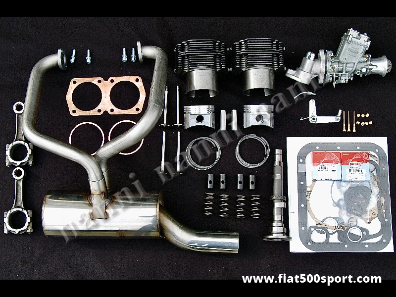 Art. 0253 - Fiat 500 R Fiat 126 kit NANNI per elaborazione motore ad uso stradale (700 cc. 48 HP) - Fiat 500 R Fiat 126 kit completo NANNI per elaborazione motore ad uso stradale (700 CC 48 HP). Il kit comprende: canne e pistoni,valvole,molle valvole,albero a cammes,bicchierini punterie, bielle in acciaio, carburatore FZD 32/28 completo,marmitta ad alto rendimento tutta in acciaio inossidabile, serie guarnizioni motore con 2 paraolio, guarnizione testa, anelli sottocanna in rame. I cilindri sono di nostra produzione e i pistoni sono Federal Mogul originali.

