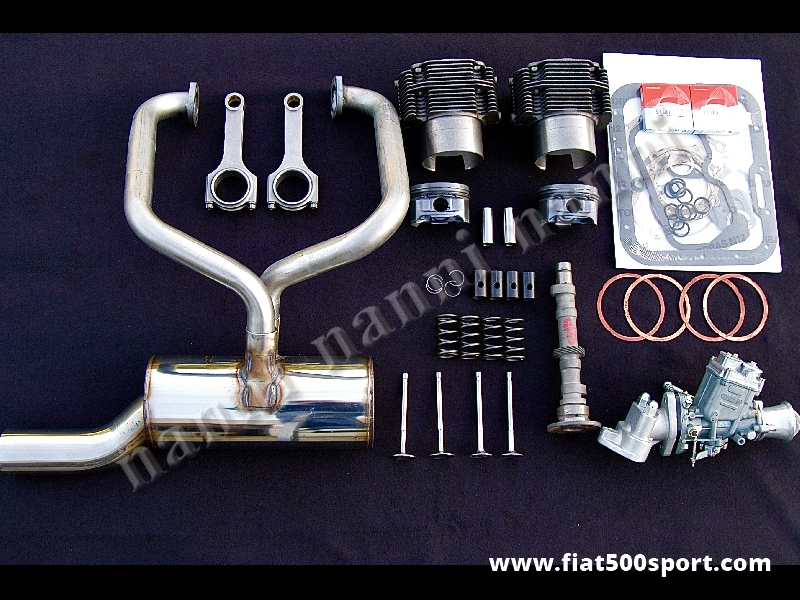 Art. 0254 - Fiat 126 piston-liner kit complete NANNI for up grading engine (740 cc. 45 HP) for road use. - Fiat 126 piston-liner kit complete NANNI for up grading engine for road use (740 cc. 45 HP). Contains: cylinders and pistons Nural, valves, valves springs, tappet’s bowls, camshaft, special conrods, carburettor complete FZD 32/28, stainless muffler, all gaskets.
