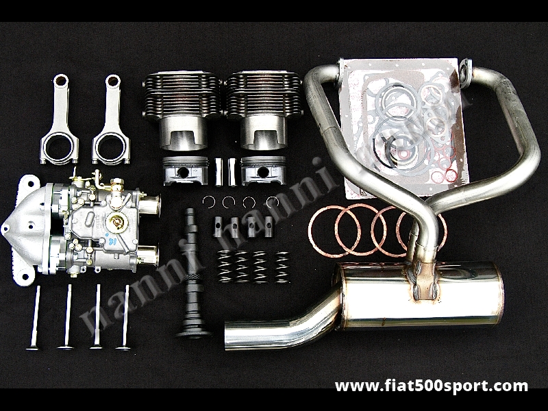 Art. 0254 - Fiat 126 piston-liner kit complete NANNI for up grading engine (740 cc. 53 HP) for road use. - Fiat 126 piston-liner kit complete NANNI for up grading engine for road use (740 cc. 53 HP). Contains: cylinders and pistons Nural, valves, valves springs, tappet’s bowls, camshaft, special conrods, kit carburettor complete WEBER 40 DCOE for original head, stainless muffler, all gaskets.
