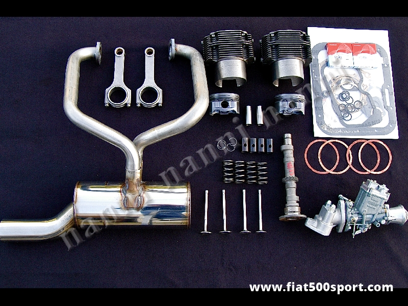 Art. 0254 - Fiat 500 R Fiat 126 kit completo NANNI per elaborazione motore ad uso stradale (740 cc. 50 HP). - Fiat 500 R Fiat 126 kit completo NANNI per elaborazione motore ad uso stradale di 740 cc. 50 HP. Il kit comprende canne e pistoni Nural, valvole, molle valvole, albero a cammes, bicchierini punterie, bielle in acciaio ad H rovesciato, carburatore  FZD 32/28 completo di tutto, marmitta inox, guarnizioni, paraolio.
