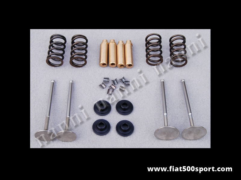 Art. 0362 - Kit Fiat 500 Fiat 126 Fiat Panda 30 NANNI con valvole  diam. 7 mm e guidavalvole  decentrate . - Kit Fiat 500 Fiat 126 Fiat Panda 30 completo NANNI per il montaggio valvole Ø 40 e Ø 33 stelo 7 mm. Comprende le 4 valvole, le molle ,le guidavalvole decentrate in bronzo Caro, i piattelli in titanio e i semiconi per le valvole diam 7 mm.
