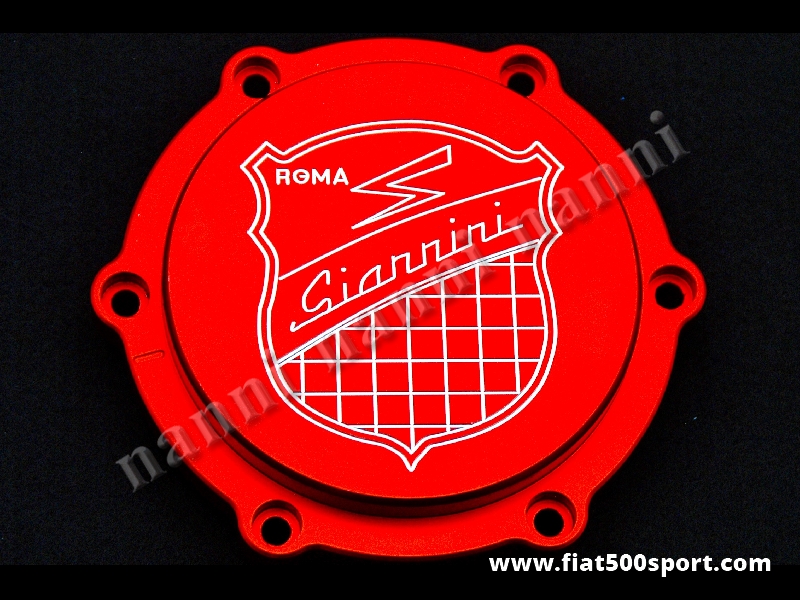 Art. 0454 - Coperchio filtro olio centrifugo Fiat 500 Fiat 126 Giannini - Coperchio con filtro olio centrifugo Fiat 500 Fiat 126 Giannini con anello di tenuta. È di colore rosso satinato. Lo stemma Giannini è inciso.
