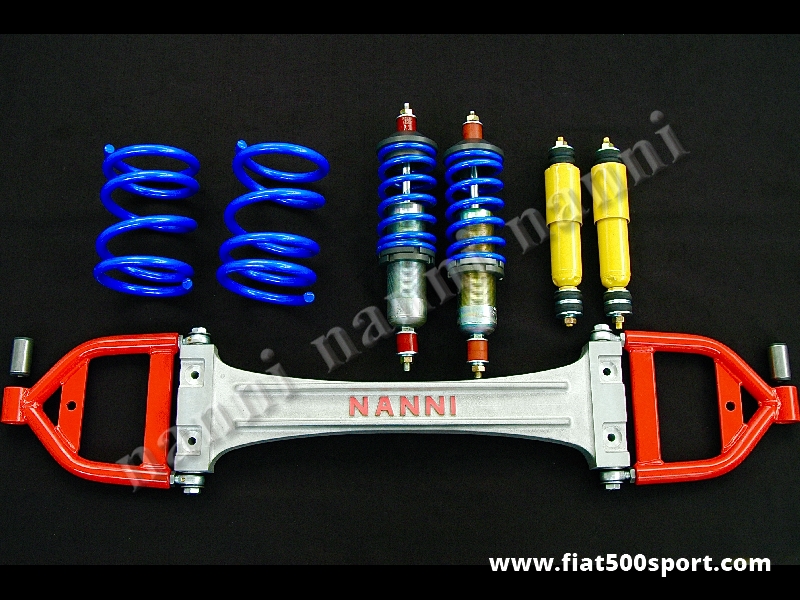 Art. 0479B - Suspension Fiat 500 kit very comfortable for road use. - Suspension Fiat 500 Kit very comfortable for road use. Includes: 1 alloy axle with oscillating arms, 2 adjustable front shock absorbers, 2 reinforced rear shock absorbers, 2 reinforced rear springs high 19 cm.

