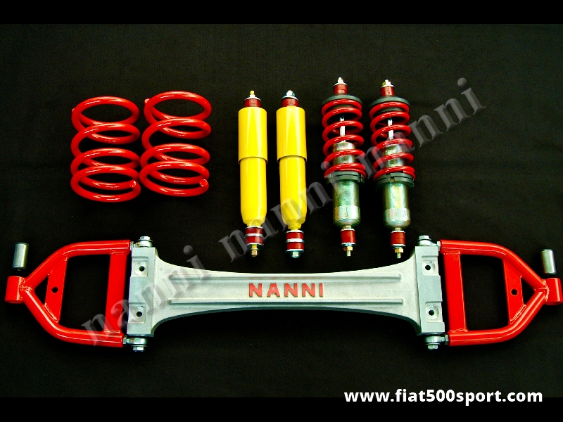 Art. 0479C - Suspension Fiat 500 complete for racing. - Suspension Fiat 500 complete for racing. The kit consist of: 1 alloy axle with oscillating arms, 2 front shock absorbers with racing springs, 2 rear gas shock absorbers shorts, of large structure, 2 rear springs high 17 cm.
