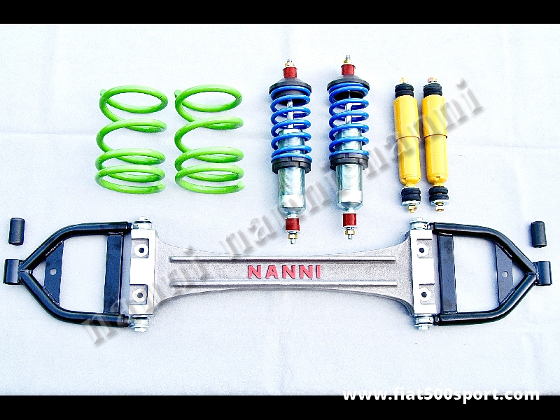 Art. 0479G - Sospensioni Fiat 126 Fiat Giardiniera per uso stradale, molto confortevoli. - Sospensioni Fiat 126 Fiat Giardiniera per uso stradale, molto confortevoli. Il kit è composto da 1 tirante  in alluminio con bracci oscillanti, 2 ammortizzatori anteriori regolabili con molle morbide, 2 ammortizzatori posteriori sportivi e 2 molle a passo variabile alte 19 cm.
