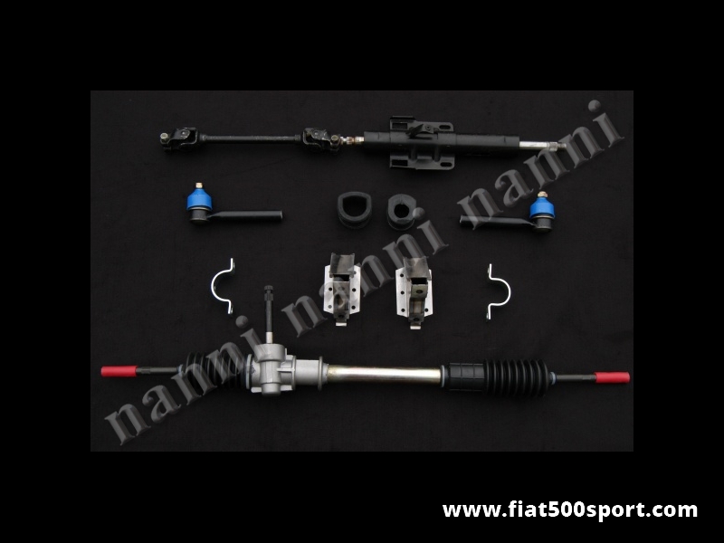 Art. 0498 - Kit completo per applicare la scatola sterzo 126 su Fiat 500. - Kit completo per applicare la scatola guida Fiat 126 sulla Fiat 500 F L R e Giardiniera. Comprende i seguenti articoli: 1 scatola guida nuova,2 supporti in acciaio per scatola guida,1 serie di gommini,1 serie di staffe in acciaio, 2 teste sterzo, 1 canotto e 1 piantone dello sterzo completo. Con questo kit occorre il mozzo volante Fiat 126.
