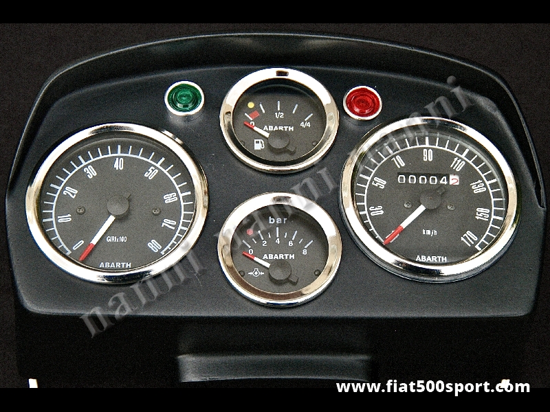 Art. 0720nero - Fiat  500 L Abarth dashboard with black instruments. - Fiat 500 L Abarth dashboard (black instruments diam. 80 mm. 2 gauge and red and green ligths. All the details are new, made in Italy.
