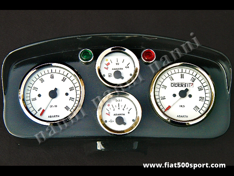 Art. 0721bia - Fiat 500 D F R Abarth dashboard with white instruments. - Fiat 500 D F R Abarth dashboard with white instruments diam. 80 mm. 2 gauge and red and green ligths. All the details are new, made in Italy.
