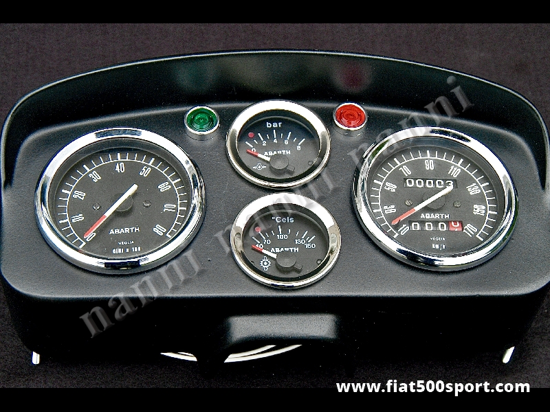 Art. 0721nero - Fiat 500 D F R Abarth dashboard with black instruments. - Fiat 500 D F R Abarth dashboard with black instruments diam. 80 mm, 2 gauge and red and green lights. All the details are new, made in Italy.
