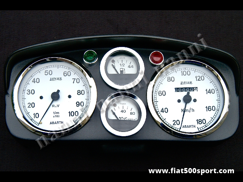 Art. 0722bia - Fiat 500 D F R Abarth dashboard with white instruments. - Fiat 500 D F R Abarth dashboard with white instruments diam. 100 mm. 2 gauge and red and green lights. All the details are new, made in Italy.
