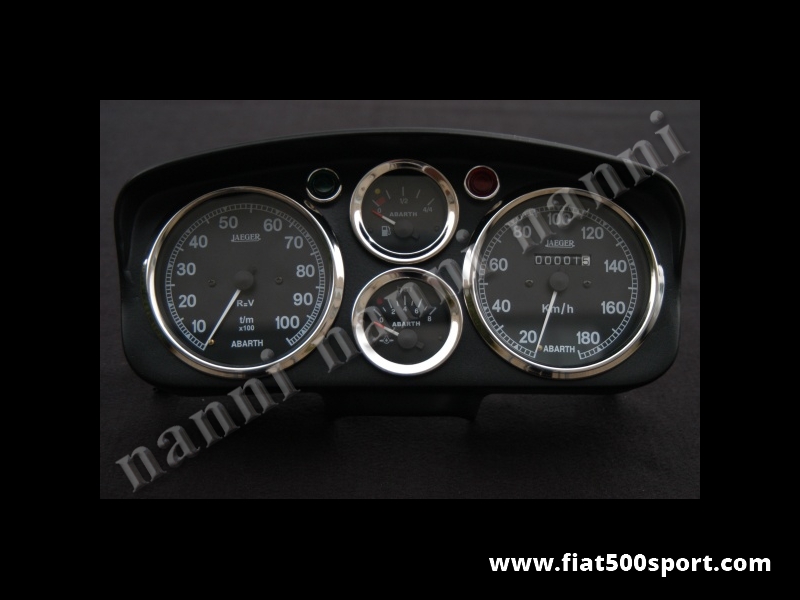 Art. 0722nero - Fiat 500 D F R Abarth dashboard with black instruments. - Fiat 500 D F R Abarth dashboard whith black instruments diam. 100 mm. 2 gauge and red and green lights. All the details are new, made in Italy.
