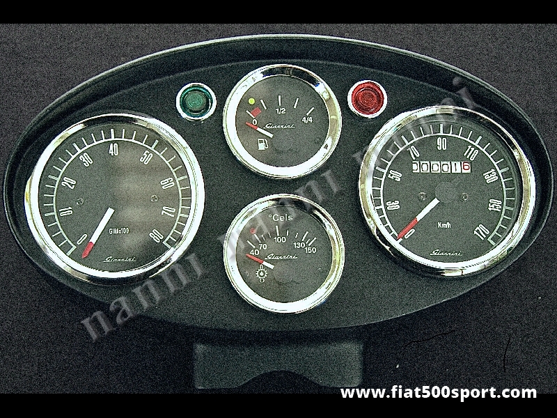 Art. 0727 - Fiat 500 D  F  R Giannini dashboard. - Fiat 500 D F R Giannini dashboard with 2 instruments diam. 80 mm. 2 gauge and green and red ligths. All the details are new, made in Italy.
