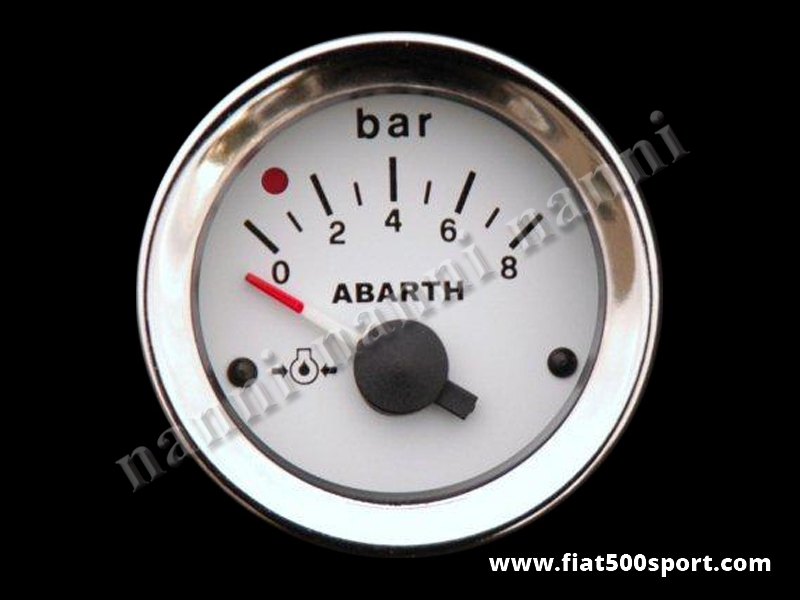 Art. 0777 - Manometro Abarth pressione olio bianco, nuovo. - Manometro Abarth pressione olio bianco, nuovo, diametro 52 mm.
